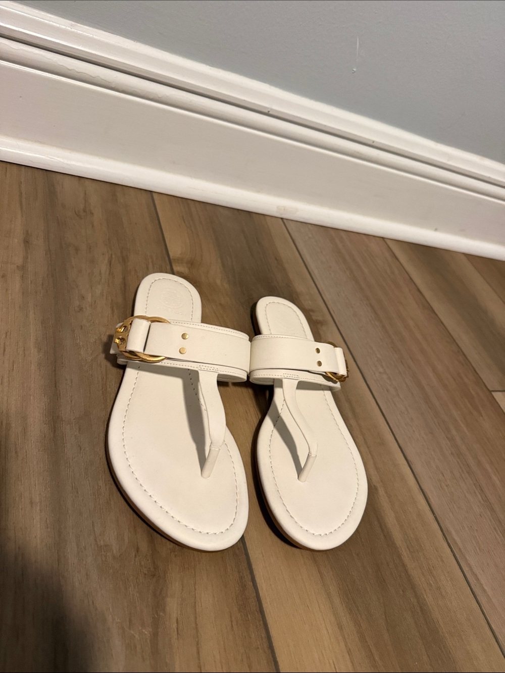 Tory Burch Cream Thong Sandals with Gold Buckle